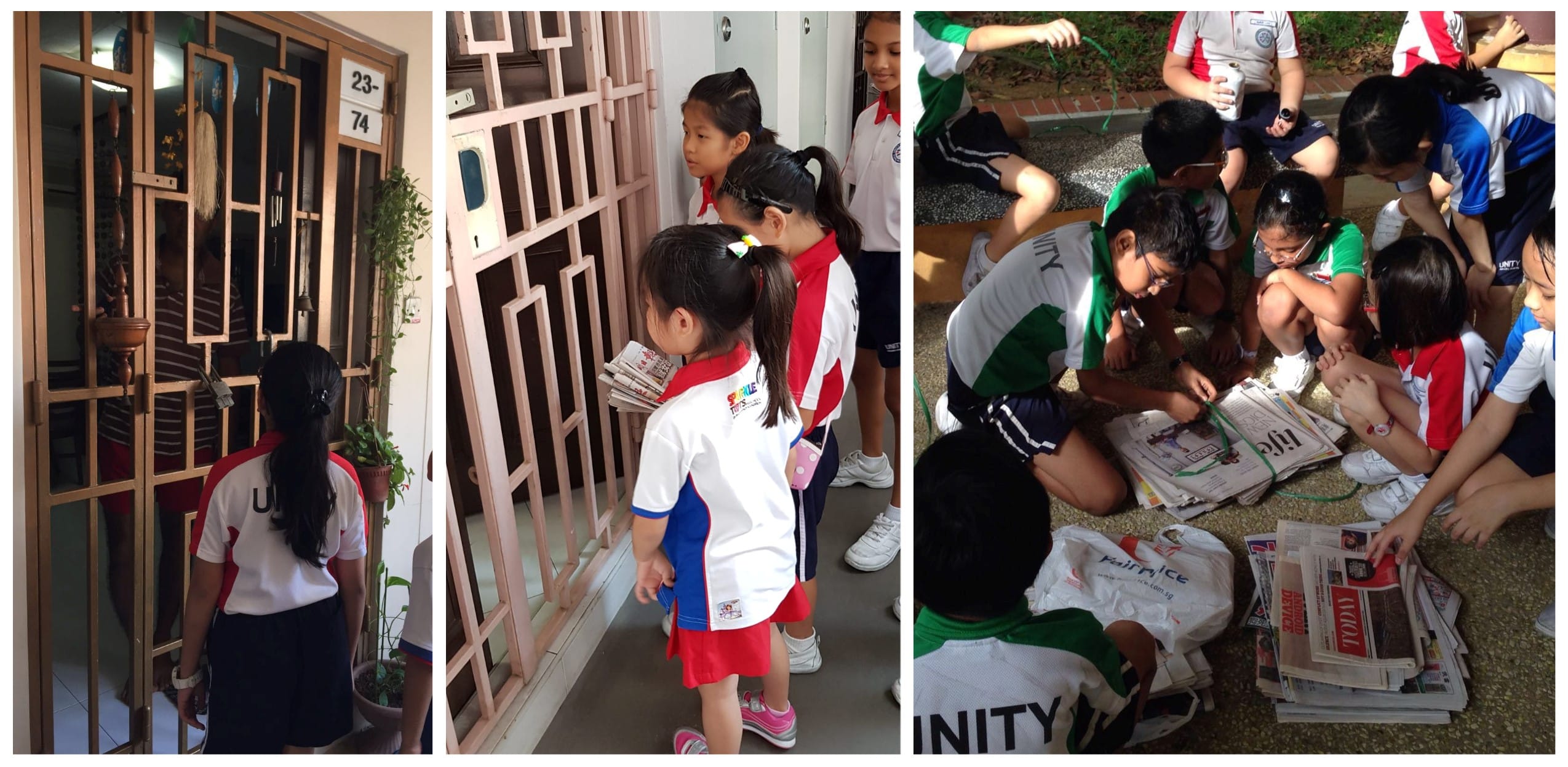 Students in school uniforms knock on apartment doors and sort newspapers outdoors as a community service activity.